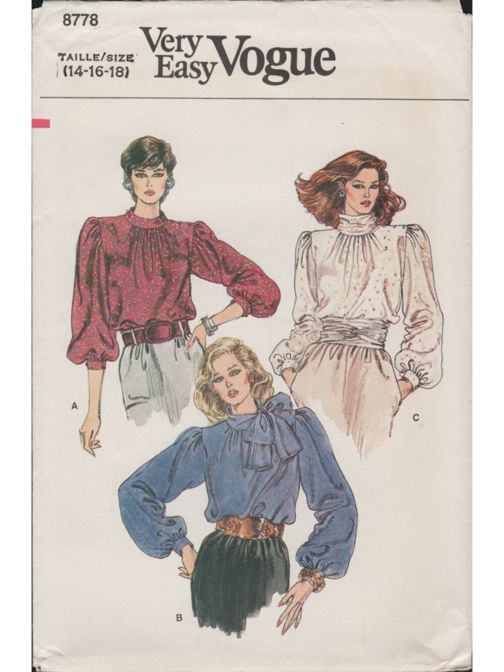 Very Easy Vogue 8778 High Neck Blouse Optional Bow Pattern 1980s Sz 14-18 Uncut